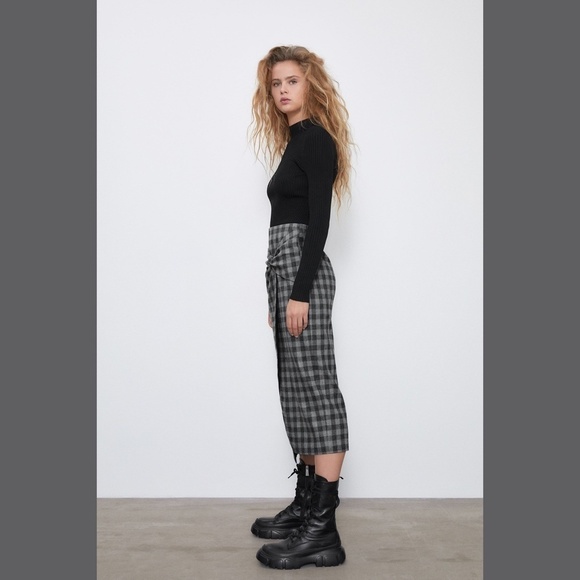 ZARA GRAY PLAID SKIRT FAUX WRAP WITH KNOT XS - Picture 4 of 14